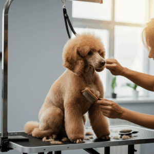 "Professional grooming session with a calm poodle on a table."