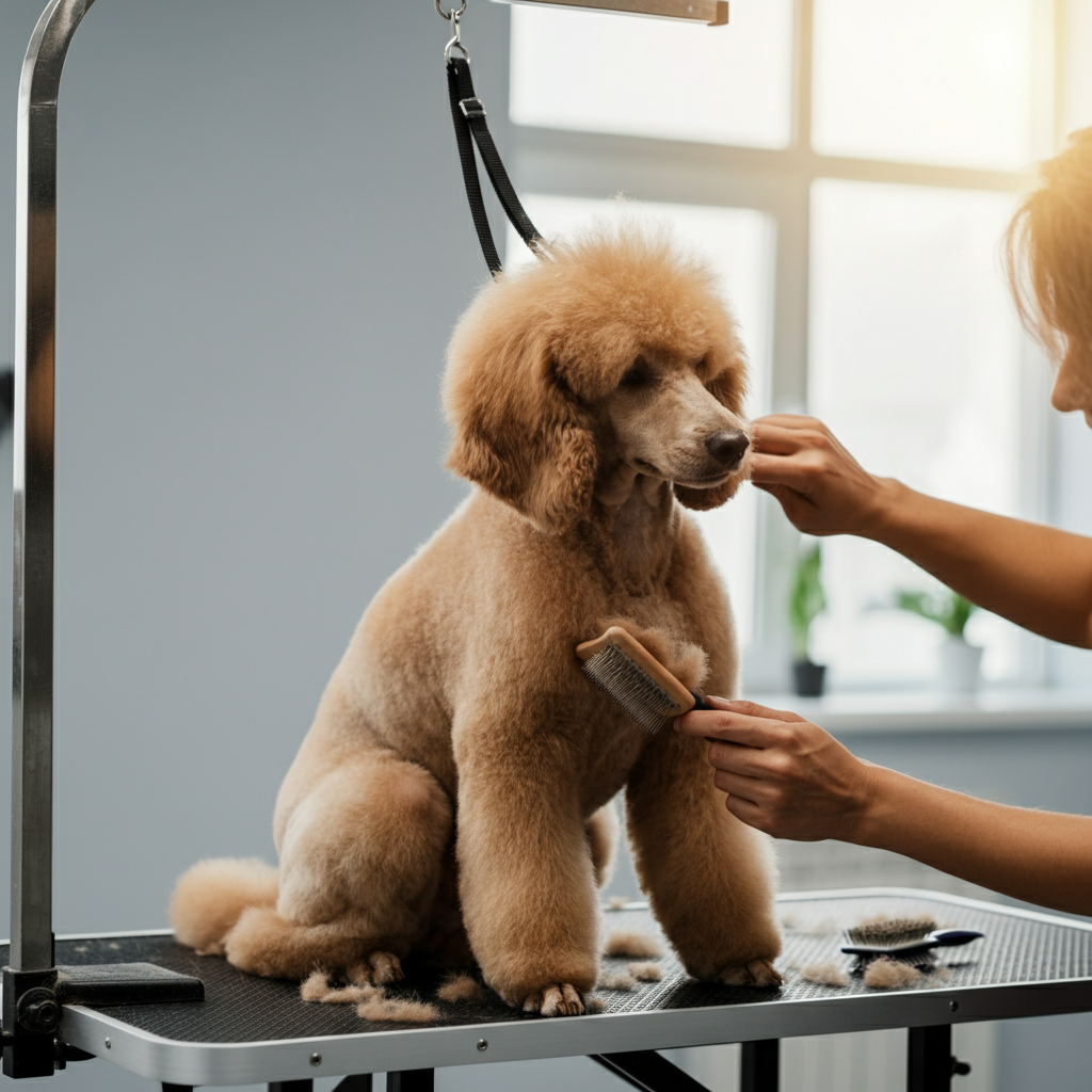 "Professional grooming session with a calm poodle on a table."