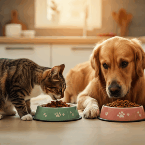 "Golden retriever and tabby cat eating nutritious food from bowls in a cozy kitchen."