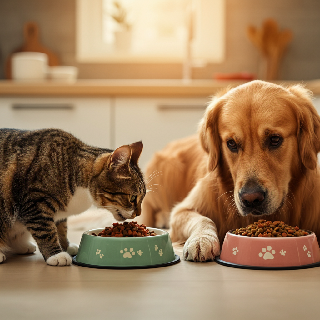 "Golden retriever and tabby cat eating nutritious food from bowls in a cozy kitchen."
